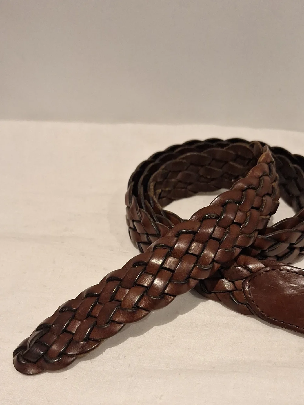 Brown Braided Leather Belt with Brass Buckle - Size 38